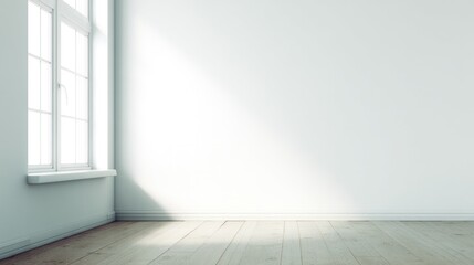 Obraz premium Serene minimalist home interior with white walls and wooden floors, filled with natural light.