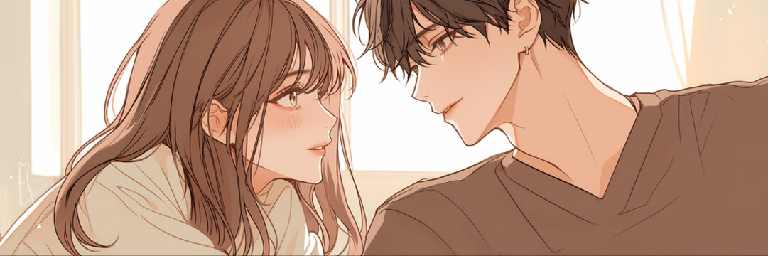 Naklejki K-Pop Romance Korean Manga Illustration of a Young Couple Hanging Out Banner