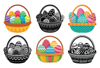 Easter and Fruit Basket Vector Collection in Color and Silhouette Style

