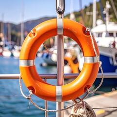 Orange life preserver hanging on a metal post