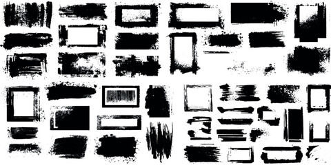 Obraz premium Big collection of black paint splashed grunge old stained brush strokes, Rough Grunge Ink Dropped Brush Strokes Set with Organic Splatter Effects for Artistic Designs.