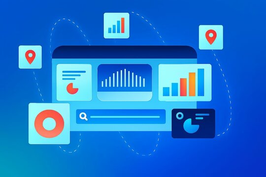Digital dashboard interface displaying financial charts and graphs with location pins and data analytics elements on a blue background