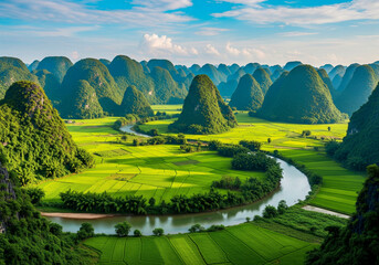 Green Valley with Karst Peaks and River
