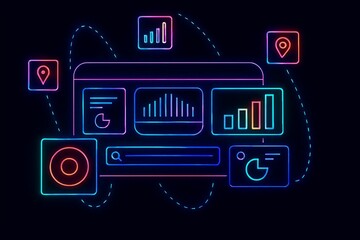 Futuristic digital dashboard displaying real time data analytics charts and graphs with location pins on a dark background