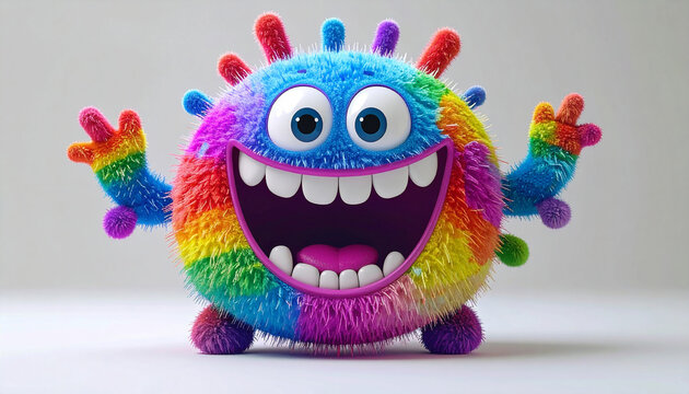 Happy bacteria character with rainbow-colored spots, wide grinning mouth, 3D playful style,