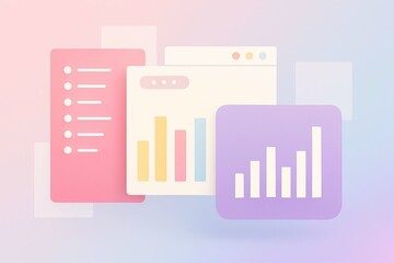 Modern 3d isometric illustration of digital data charts and graphs on pastel gradient background for business analytics and financial reports