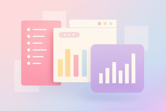 Modern 3d isometric illustration of digital data charts and graphs on pastel gradient background for business analytics and financial reports