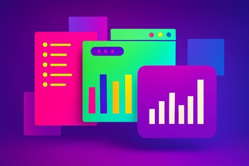 Vibrant 3d rendered digital interface displays showing growth charts and data analytics on a purple background
