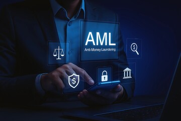 Anti-Money Laundering (AML) Business Concept – Professional Using Digital Interface with Financial Security and Compliance Icons