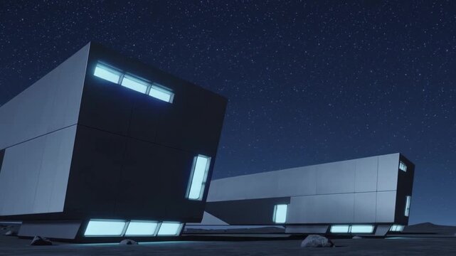 modern alien outpost at night, sleek futuristic building on rocky terrain, cosmic view with illuminated windows