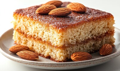 Close-up of a cake slice topped with almonds
