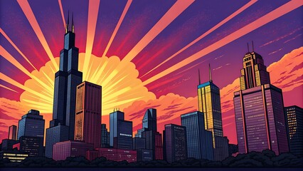 Vibrant cityscape with dramatic sunset and radiating light beams