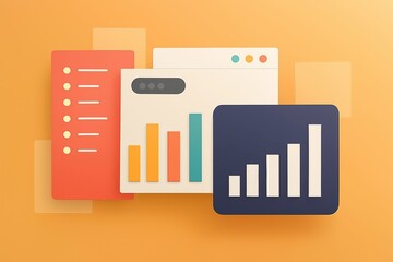 Modern digital interface displaying financial charts and graphs with upward trending bars on an orange background