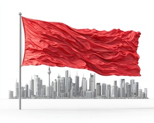 Red flag waving over a city skyline