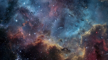 Fototapeta premium Vast cosmic nebula illuminated by distant stars in the night sky with swirling clouds of gas and dust creating a stunning celestial panorama of the universe.