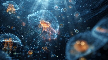 Fototapeta premium Underwater jellyfish swarm bioluminescent jelly ocean life marine biology sea creatures transparent jellies deep sea