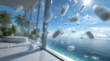 Floating capsules medication pills pharmaceutical drugs supplements health and wellness concept design
