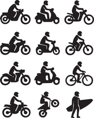 Obraz premium Transport and activity icon set with motorcycles scooters bicycle and surfboard silhouettes for outdoor lifestyle design