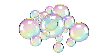 Floating iridescent spheres with a rainbow sheen against a black background