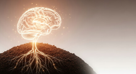 Abstract visualization of a glowing human brain with intricate roots in soil, symbolizing profound intellectual growth, neural connections, and the deep interconnectedness of mind and knowledge