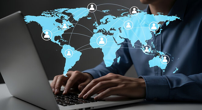 Person typing on laptop with world map and network icons overlayed on the screen display view ai generated