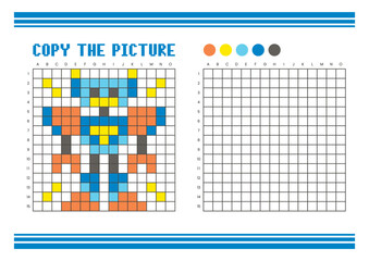 Copy the picture grid drawing worksheet for kids. Pixel art robot