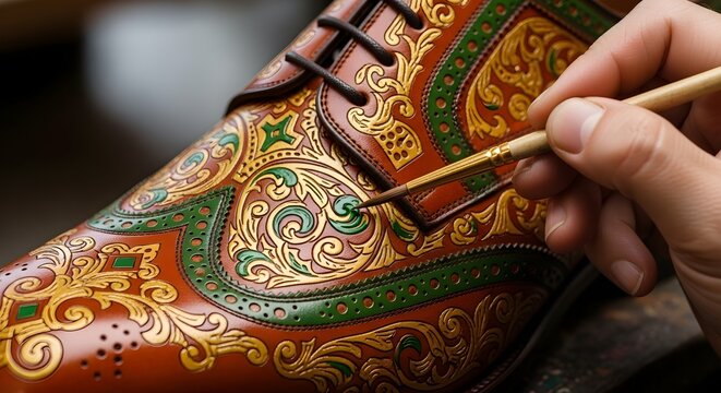 Artisan painting intricate design on a leather shoe
