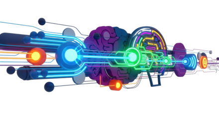 Futuristic digital brain network with vibrant light beams on a dark background