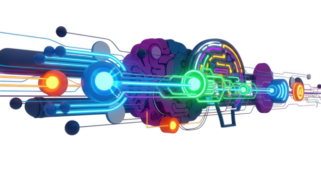 Futuristic digital brain network with vibrant light beams on a dark background