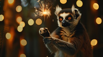 Naklejka premium A ring-tailed lemur holds a sparkler in a festive setting with blurred lights in the background. The lemur has distinctive black and white markings.