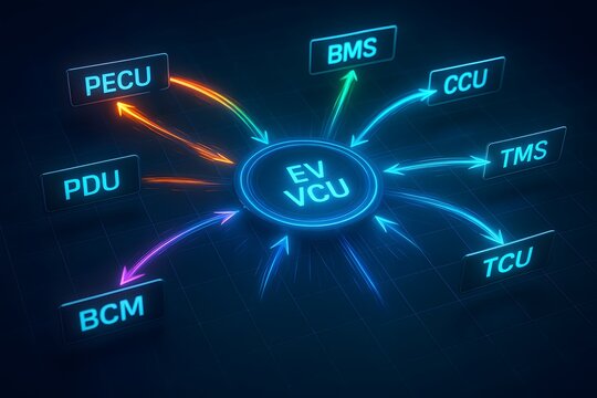 Futuristic EV ECU Data Flow Network with Glowing Connections