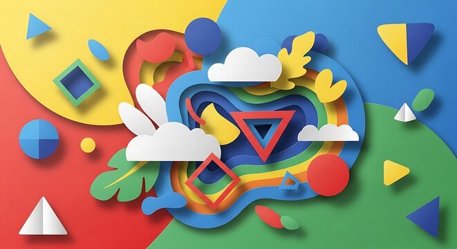 Whimsical Paper Cutout Art with Geometric Shapes and Cute Bunny Character.