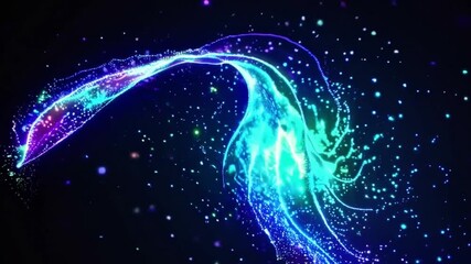neon particle wave forming abstract butterfly in cosmic space, glowing blue and purple digital art