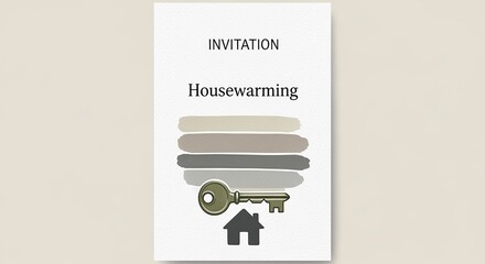 Housewarming Invitation: A minimalist design, with the words INVITATION and Housewarming  and  a stylized key and house, evoking warmth and welcoming. 