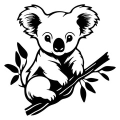 A black and white line art illustration of a cute koala sitting on a tree branch with leaves