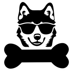 Dog wearing sunglasses with a bone below in black and white vector illustration graphic design art