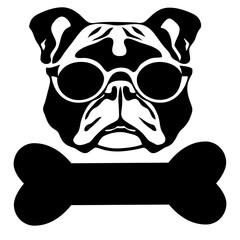 Illustration of a pug wearing sunglasses with a bone underneath in black and white style art