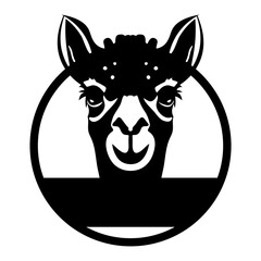 Illustration of a black and white llama head inside a circle with a flat bottom portion design element