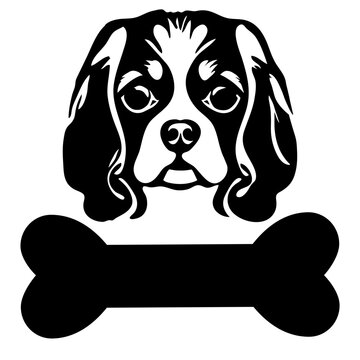 Black and white illustration of a cavalier king charles spaniel dog with a bone beneath it image vector