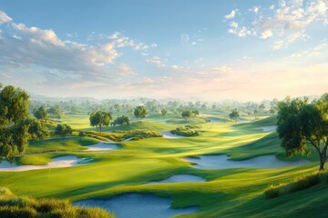 Naklejka premium Lush Green Golf Course Landscape Under Sunny Blue Sky with Bunkers and Trees.