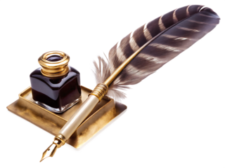 Vintage quill pen and inkwell on a wooden stand isolated on white background