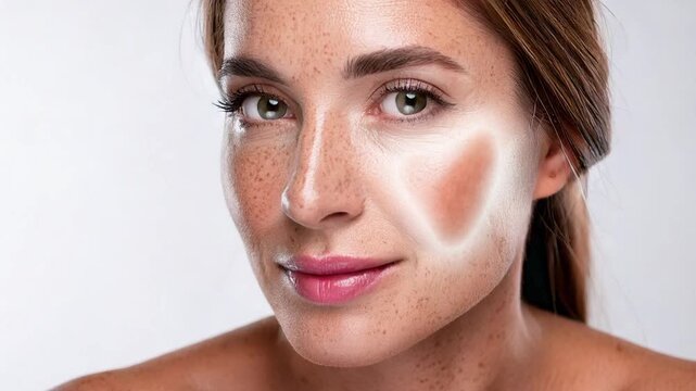 Skin lightening and rejuvenation action of the active cosmetic component.  3D rendering animation showing the reduction of wrinkles, melasma, and pigmentation on the woman's face