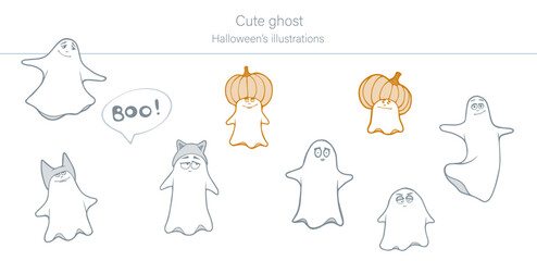 Hand-drawn cartoon illustration of cute Halloween ghosts with funny expressions, Halloween's illustration