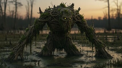 A mystical creature emerges from the marsh at twilight, its body composed of twisted branches and moss, illuminated by the eerie glow of its yellow eyes, embodying the essence of nature's raw power. - Powered by Adobe