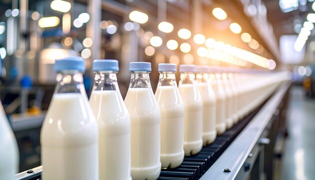 Milk bottles on a factory production line