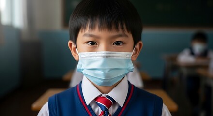 Young Asian schoolboy in uniform wearing a medical mask in a classroom.