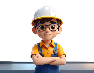 未来の建設現場を支える、ヘルメットと眼鏡をかけた元気な男の子の3Dイラスト。インフラ整備や建築、土木工事など、明るく希望に満ちた未来を描くプロジェクトに最適なビジュアル。