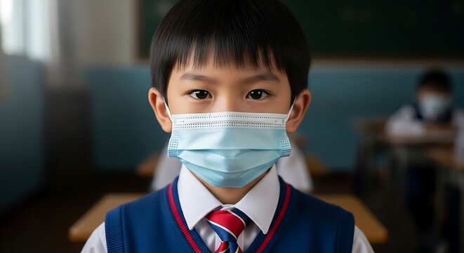Young Asian schoolboy in uniform wearing a medical mask in a classroom.