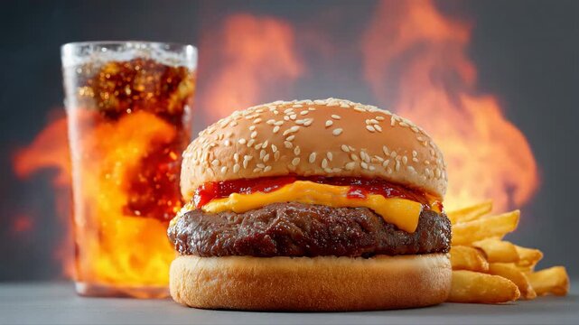 Juicy cheeseburger and fries with fiery background tempt tastebuds and ignite hunger