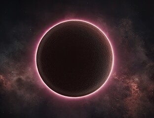 Dark planet with a pink halo in a cosmic nebula